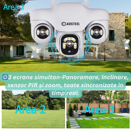 Camera de supraveghere CLAUSTEEL 3in1 cu panou solar, conexiune cu SIM 4G, 6 MP Full HD, 8000 mAh, panou solar de 8W, 3 lentile PTZ, senzor PIR, viziune nocturna color, slot MicroSD, microfon, aliment [4]