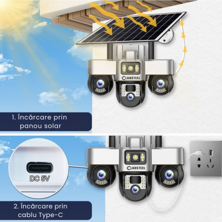Camera de supraveghere CLAUSTEEL 3in1 cu panou solar, conexiune cu SIM 4G, 6 MP Full HD, 8000 mAh, panou solar de 8W, 3 lentile PTZ, senzor PIR, viziune nocturna color, slot MicroSD, microfon, aliment [6]