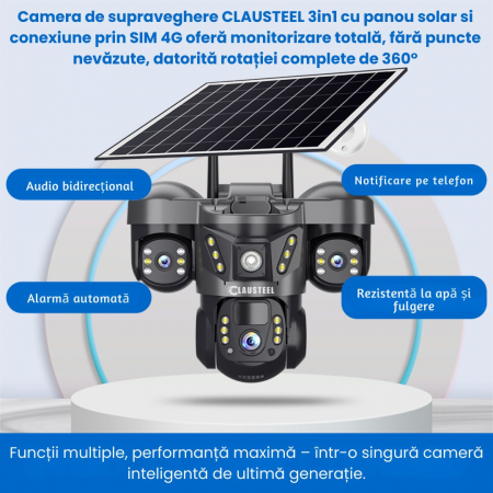 Camera de supraveghere CLAUSTEEL 3in1 cu panou solar, conexiune cu SIM 4G, 6 MP Full HD, 8000 mAh, panou solar de 8W, 3 lentile, senzor PIR, viziune nocturna color, slot MicroSD, microfon, alimentare [12]