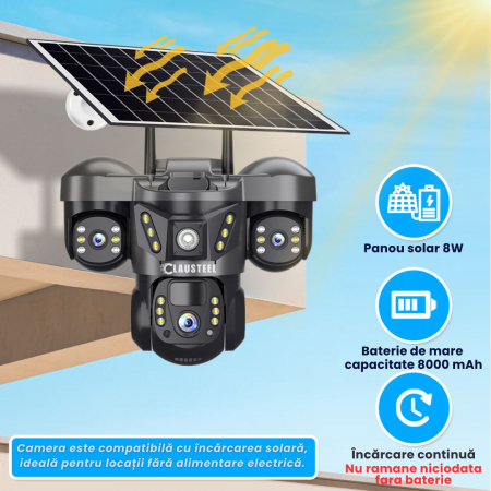 Camera de supraveghere CLAUSTEEL 3in1 cu panou solar, conexiune cu SIM 4G, 6 MP Full HD, 8000 mAh, panou solar de 8W, 3 lentile, senzor PIR, viziune nocturna color, slot MicroSD, microfon, alimentare [7]