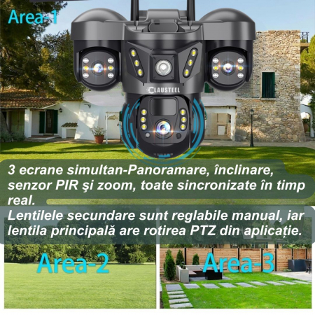 Camera de supraveghere CLAUSTEEL 3in1 cu panou solar, conexiune cu SIM 4G, 6 MP Full HD, 8000 mAh, panou solar de 8W, 3 lentile, senzor PIR, viziune nocturna color, slot MicroSD, microfon, alimentare [4]