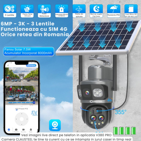 Camera de supraveghere CLAUSTEEL 3in1 cu panou solar, conexiune SIM 4G, 6MP ULTRA HD, acumulator de 8000 mAh, Rotire automata, Urmarire inteligenta, Night Vision color, Zoom x10, Card MicroSD 64 GB in [4]