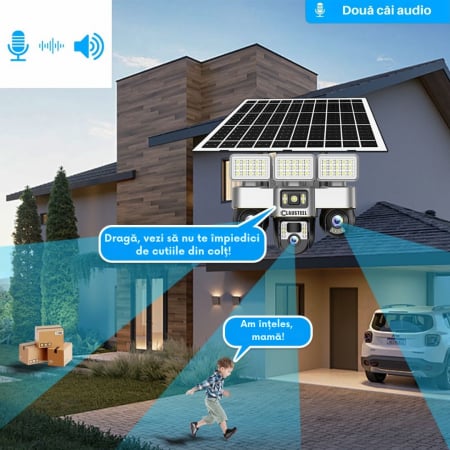 Camera de supraveghere CLAUSTEEL 3in1 cu panou solar, conexiune WIFI, 6 MP Full HD, 16000 mAh, panou solar de 15W, 3 lentile PTZ, senzor PIR, viziune nocturna color, slot MicroSD, microfon, alimentare [10]