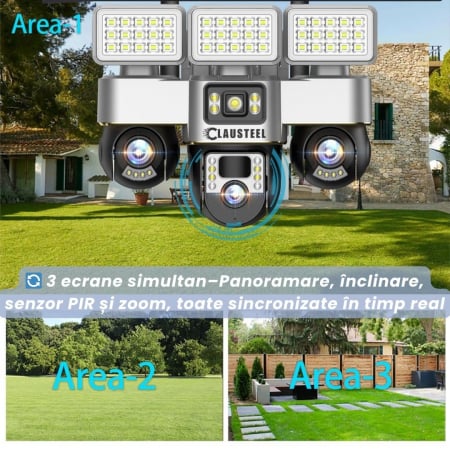Camera de supraveghere CLAUSTEEL 3in1 cu panou solar, conexiune WIFI, 6 MP Full HD, 16000 mAh, panou solar de 15W, 3 lentile PTZ, senzor PIR, viziune nocturna color, slot MicroSD, microfon, alimentare [4]