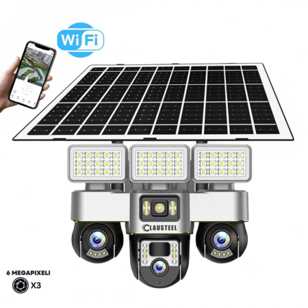 CAMERE DE SUPRAVEGHERE CU PANOU SOLAR WIRELESS - Camera de supraveghere CLAUSTEEL 3in1 cu panou solar, conexiune WIFI, 6 MP Full HD, 16000 mAh, panou solar de 15W, 3 lentile PTZ, senzor PIR, viziune nocturna color, slot MicroSD, microfon, alimentare