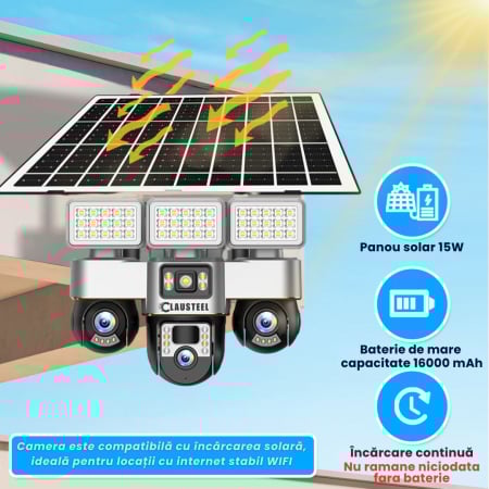 Camera de supraveghere CLAUSTEEL 3in1 cu panou solar, conexiune WIFI, 6 MP Full HD, 16000 mAh, panou solar de 15W, 3 lentile PTZ, senzor PIR, viziune nocturna color, slot MicroSD, microfon, alimentare [7]