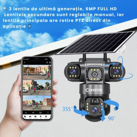 Camera de supraveghere CLAUSTEEL 3in1 cu panou solar, conexiune WIFI, 6 MP Full HD, 8000 mAh, panou solar de 8W, 3 lentile, senzor PIR, viziune nocturna color, slot MicroSD, microfon, alimentare dubla [3]