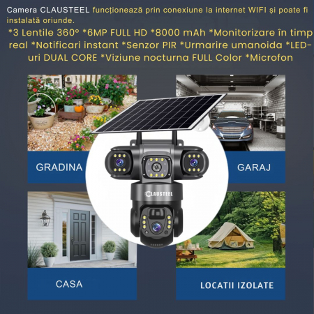 Camera de supraveghere CLAUSTEEL 3in1 cu panou solar, conexiune WIFI, 6 MP Full HD, 8000 mAh, panou solar de 8W, 3 lentile, senzor PIR, viziune nocturna color, slot MicroSD, microfon, alimentare dubla [12]