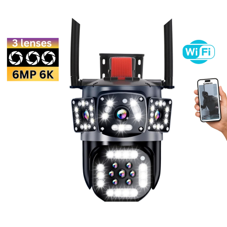 CAMERE DE SUPRAVEGHERE - Camera de supraveghere CLAUSTEEL 3IN1 M145, Tripla, 6K, 6 Megapixeli, Wireless, Portabila, Rotire automata, Micro SD, Inteligent tracking, Supravegheaza 3 zone simultan, Negru