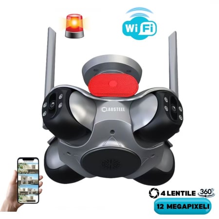 CAMERE DE SUPRAVEGHERE WIRELESS - Camera de supraveghere CLAUSTEEL 4in1, WiFi, 360 de grade, 4 lentile PTZ, 12 MP, senzor de miscare, slot MicroSD, microfon, viziune nocturna color, alarma, supravegheaza 4 zone in acelasi timp