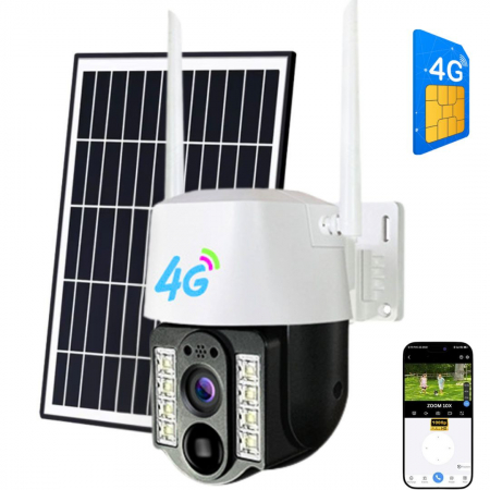 CAMERE DE SUPRAVEGHERE - Camera de supraveghere CLAUSTEEL cu acumulatori 8000mAh, Portabila, Panou solar inclus, Slot SIM, conexiune 4G, 3MP, Intelligent tracking, PTZ, Micro SD, Rotire automata, Alarma miscare, IP66