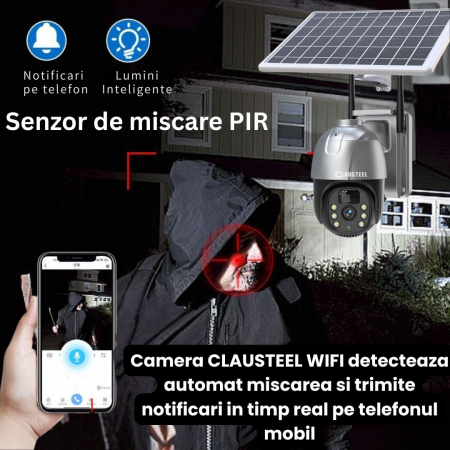 Camera de supraveghere CLAUSTEEL cu panou solar, 4 MP FullHD, Wireless, acumulator de 7800 mAh, Portabila, Rotire automata, urmarire inteligenta, Night Vision, Slot Card MicroSD, IP66, Negru [5]