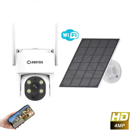 CAMERE DE SUPRAVEGHERE CU PANOU SOLAR WIRELESS - Camera de supraveghere CLAUSTEEL cu panou solar inclus, WIFI, 4MPX, acumulator 9000mAh, senzor de Miscare si Urmarire inteligenta, Night Vision Color, Comunicare bidirectionala