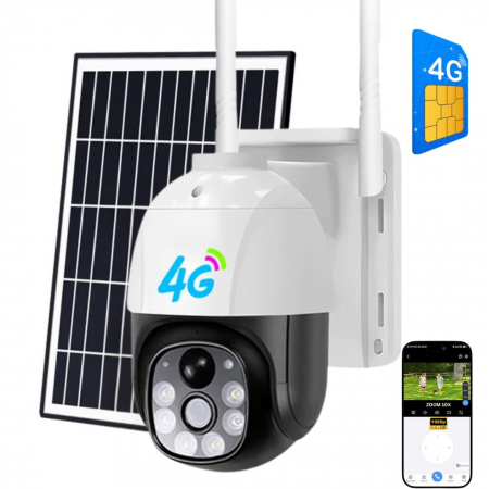 CAMERE DE SUPRAVEGHERE - Camera de supraveghere CLAUSTEEL M118 cu acumulatori 12000mAh, Portabila, Panou solar inclus, Slot SIM, conexiune 4G, 3MP, Intelligent tracking, PTZ, Micro SD, Rotire automata, Alarma miscare, IP66