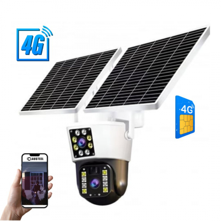 CAMERE DE SUPRAVEGHERE - Camera de supraveghere CLAUSTEEL M120 2in1 cu Panou Solar Dublu inclus, 5MP, Portabila, Acumulator incorporat 12000mah, Rotire automata, Micro SD, Cartela SIM, Conexiune 4G, Supravegheaza doua zone in