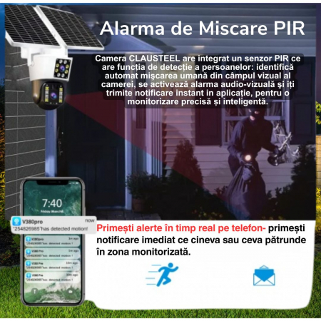 Camera de supraveghere CLAUSTEEL M120 2in1 cu Panou Solar Dublu inclus, 5MP, Portabila, Acumulator incorporat 12000mah, Rotire automata, Micro SD, Cartela SIM, Conexiune 4G, Supravegheaza doua zone in [4]