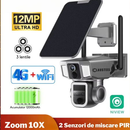 Camera de Supraveghere cu panou solar Profesionala CLAUSTEEL 3in1, conexiune dubla WiFi si 4G, 12000 mAh, Zoom 10x, 4K, 12 MP, 2 Senzori PIR, Notificari pe Telefon, Night Vision Full color, Slot Micro [5]