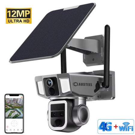 CAMERE DE SUPRAVEGHERE CU PANOU SOLAR - SIM 4G - Camera de Supraveghere cu panou solar Profesionala CLAUSTEEL 3in1, conexiune dubla WiFi si 4G, 12000 mAh, Zoom 10x, 4K, 12 MP, 2 Senzori PIR, Notificari pe Telefon, Night Vision Full color, Slot Micro