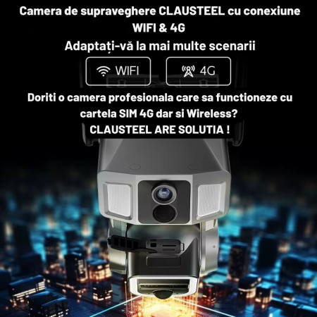 Camera de Supraveghere cu panou solar Profesionala CLAUSTEEL 3in1, conexiune dubla WiFi si 4G, 12000 mAh, Zoom 10x, 4K, 12 MP, 2 Senzori PIR, Notificari pe Telefon, Night Vision Full color, Slot Micro [1]