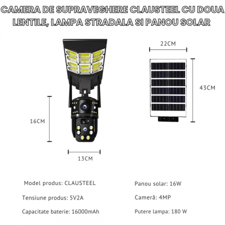 Camera de supraveghere duala CLAUSTEEL 2in1, cartela SIM 4G, PTZ, Urmarire automata, panou solar 16 W, acumulator, 16000 mAh, lampa pentru iluminare stradala 180 W cu 18 LED-uri, Night Vision, slot mi [10]