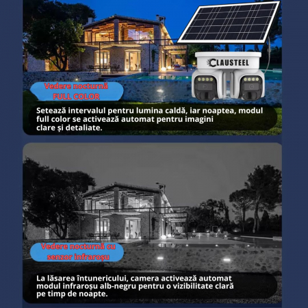 Camera de Supraveghere Profesionala CLAUSTEEL 2IN1 cu Panou Solar, conexiune cu SIM 4G, 8 MP, Acumulator 8000 mAh, 2 Senzori PIR, Night Vision FULL COLOR, Suport de montare pe Colt inclus, Supraveghea [6]