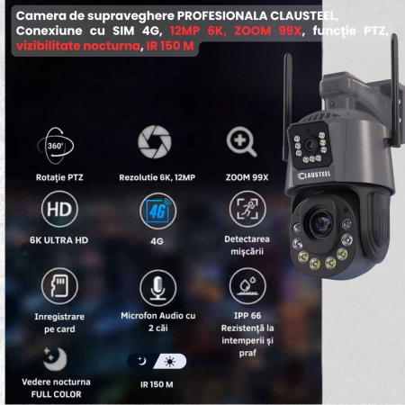Camera de Supraveghere Profesionala CLAUSTEEL 2in1 Dubla, 4G cu Zoom 99X, 12 MP, 6K, Vizualizare la 1 KM, Senzor PIR, Notificari pe Telefon, Smart Night Vision cu IR pana la 150 M, Slot MicroSD, Compa [1]