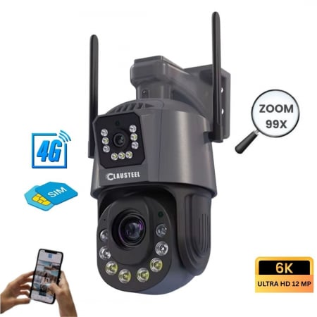 CAMERE DE SUPRAVEGHERE 4G - Camera de Supraveghere Profesionala CLAUSTEEL 2in1 Dubla, 4G cu Zoom 99X, 12 MP, 6K, Vizualizare la 1 KM, Senzor PIR, Notificari pe Telefon, Smart Night Vision cu IR pana la 150 M, Slot MicroSD, Compa