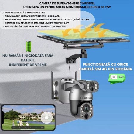 Camera de Supraveghere Profesionala CLAUSTEEL 2IN1, Dubla, 4G cu Zoom 99x, Panou Solar Dublu 12W, 4K, 10 MP, Acumulator 9600 mAh, Vizualizare la 1 KM, Senzor PIR, Notificari pe Telefon [1]
