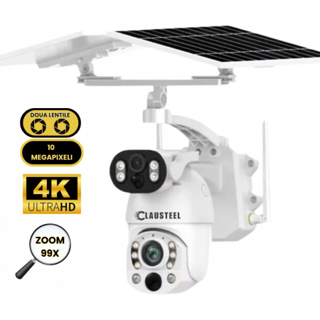 CAMERE DE SUPRAVEGHERE - Camera de Supraveghere Profesionala CLAUSTEEL 2IN1, Dubla, 4G cu Zoom 99x, Panou Solar Dublu 12W, 4K, 10 MP, Acumulator 9600 mAh, Vizualizare la 1 KM, Senzor PIR, Notificari pe Telefon, Compatibila cu