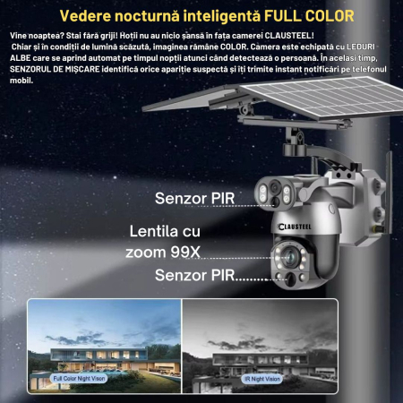 Camera de Supraveghere Profesionala CLAUSTEEL 2IN1, Dubla, 4G cu Zoom 99x, Panou Solar Dublu 12W, 4K, 10 MP, Acumulator 9600 mAh, Vizualizare la 1 KM, Senzor PIR, Notificari pe Telefon [4]