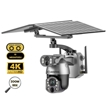 CAMERE DE SUPRAVEGHERE - Camera de Supraveghere Profesionala CLAUSTEEL 2IN1, Dubla, 4G cu Zoom 99x, Panou Solar Dublu 12W, 4K, 10 MP, Acumulator 9600 mAh, Vizualizare la 1 KM, Senzor PIR, Notificari pe Telefon