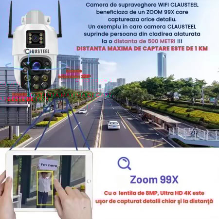 Camera de Supraveghere Profesionala CLAUSTEEL 2in1 Dubla, WiFi cu Zoom 99X, 8 MP, 4K, Vizualizare la 1 KM, Senzor PIR, Notificari pe Telefon, Night Vision FULL COLOR, Slot MicroSD, Microfon bidirectio [2]