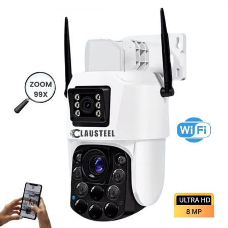 CAMERE DE SUPRAVEGHERE WIRELESS - Camera de Supraveghere Profesionala CLAUSTEEL 2in1 Dubla, WiFi cu Zoom 99X, 8 MP, 4K, Vizualizare la 1 KM, Senzor PIR, Notificari pe Telefon, Night Vision FULL COLOR, Slot MicroSD, Microfon bidirectio