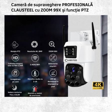 Camera de Supraveghere Profesionala CLAUSTEEL 2in1 Dubla, WiFi cu Zoom 99X, 8 MP, 4K, Vizualizare la 1 KM, Senzor PIR, Notificari pe Telefon, Night Vision FULL COLOR, Slot MicroSD, Microfon bidirectio [1]