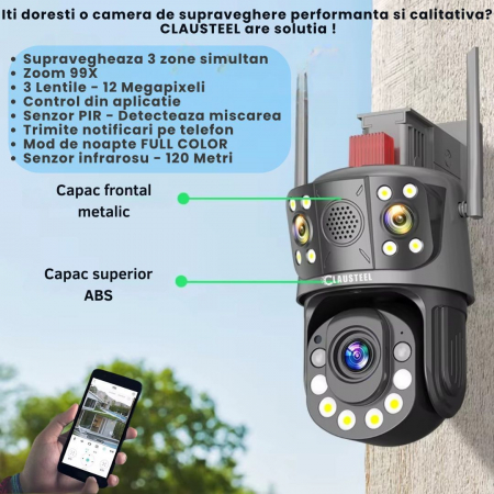 Camera de Supraveghere Profesionala CLAUSTEEL 3in1 WiFi, Tripla cu Zoom 99x, 12 MP, 6K, Vizualizare la 1 KM, Senzor PIR, Notificari pe Telefon, Smart Night Vision cu IR pana la 120 M, Slot MicroSD, Mi [1]