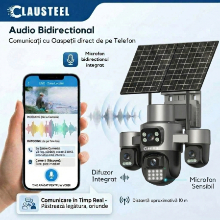 Camera supraveghere CLAUSTEEL 4G cu panou solar 16W, 4 lentile, AOV, 16MP UHD, baterie 13200 mAh, detectie radar 30m, IR 30m, zoom 12X, audio bidirectional, IP66 [10]