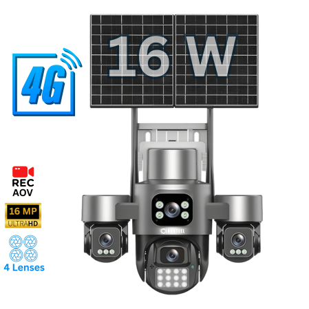 CAMERE DE SUPRAVEGHERE - Camera supraveghere CLAUSTEEL 4G cu panou solar 16W, 4 lentile, AOV, 16MP UHD, baterie 13200 mAh, detectie radar 30m, IR 30m, zoom 12X, audio bidirectional, IP66