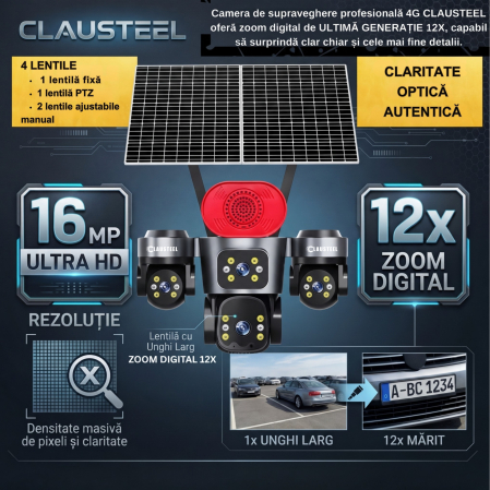 Camera supraveghere CLAUSTEEL 4G cu panou solar 16W, 4 lentile, AOV, 16MP UHD, baterie 15600 mAh, detectie radar 30m, IR 30m, zoom 12X, audio bidirectional, IP66 [6]