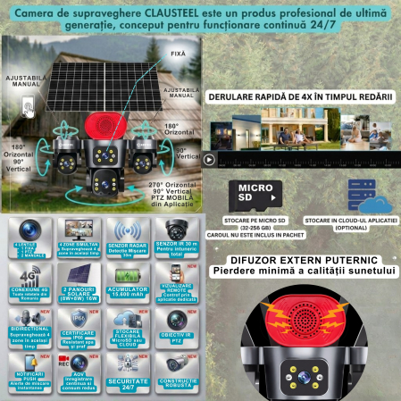 Camera supraveghere CLAUSTEEL 4G cu panou solar 16W, 4 lentile, AOV, 16MP UHD, baterie 15600 mAh, detectie radar 30m, IR 30m, zoom 12X, audio bidirectional, IP66 [7]