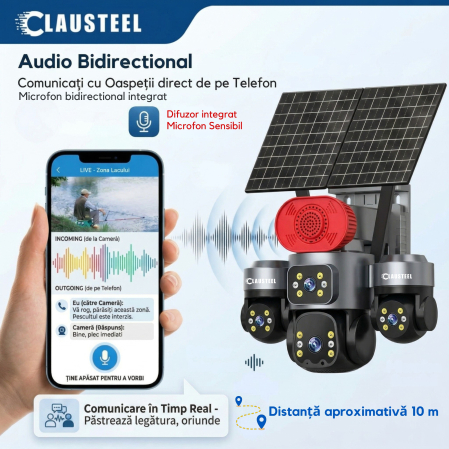 Camera supraveghere CLAUSTEEL 4G cu panou solar 16W, 4 lentile, AOV, 16MP UHD, baterie 15600 mAh, detectie radar 30m, IR 30m, zoom 12X, audio bidirectional, IP66 [8]