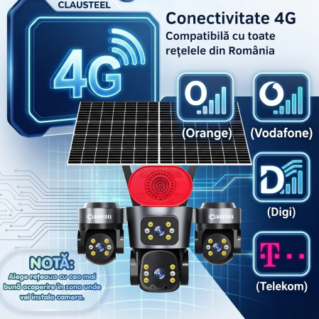 Camera supraveghere CLAUSTEEL 4G cu panou solar 16W, 4 lentile, AOV, 16MP UHD, baterie 15600 mAh, detectie radar 30m, IR 30m, zoom 12X, audio bidirectional, IP66 [1]