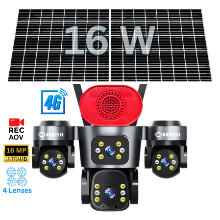 CAMERE DE SUPRAVEGHERE - Camera supraveghere CLAUSTEEL 4G cu panou solar 16W, 4 lentile, AOV, 16MP UHD, baterie 15600 mAh, detectie radar 30m, IR 30m, zoom 12X, audio bidirectional, IP66