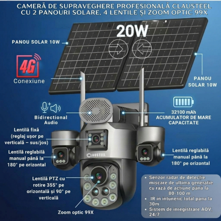 Camera supraveghere CLAUSTEEL 4G cu panou solar 20W, 4 lentile, AOV, baterie 32100 mAh, zoom optic 99X, detectie radar 80-100m, IR 30m, audio bidirectional, IP66, Card 64GB Inclus [3]