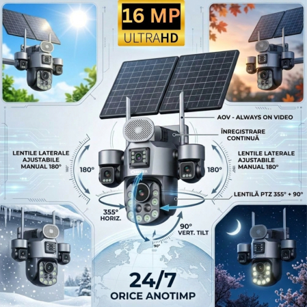 Camera supraveghere CLAUSTEEL 4G cu panou solar 20W, 4 lentile, AOV, baterie 32100 mAh, zoom optic 99X, detectie radar 80-100m, IR 30m, audio bidirectional, IP66, Card 64GB Inclus [11]