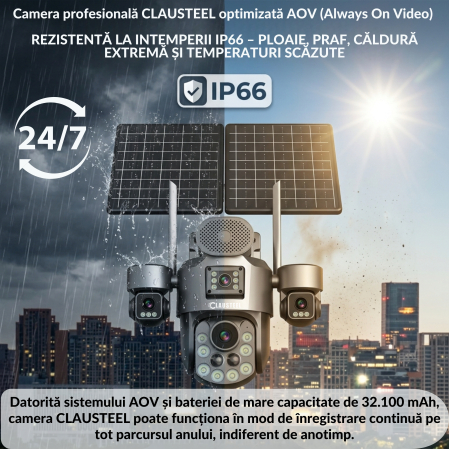 Camera supraveghere CLAUSTEEL 4G cu panou solar 20W, 4 lentile, AOV, baterie 32100 mAh, zoom optic 99X, detectie radar 80-100m, IR 30m, audio bidirectional, IP66, Card 64GB Inclus [8]