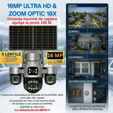 Camera supraveghere CLAUSTEEL 4G cu panou solar 15W, 5 lentile, AOV, 16MP UHD, baterie 16000 mAh, zoom optic 18X, detectie radar 30m, IR 30m, audio bidirectional, IP66 [5]