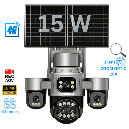 CAMERE DE SUPRAVEGHERE - Camera supraveghere CLAUSTEEL 4G cu panou solar 15W, 5 lentile, AOV, 16MP UHD, baterie 16000 mAh, zoom optic 18X, detectie radar 30m, IR 30m, audio bidirectional, IP66