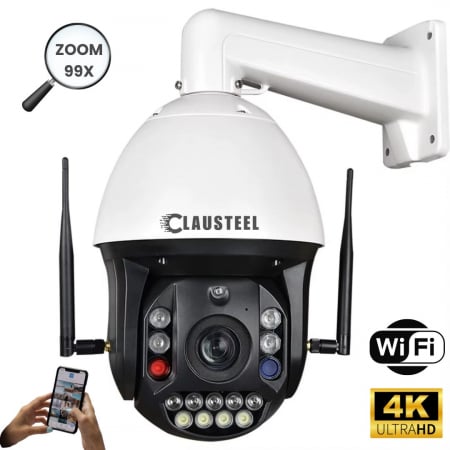 CAMERE DE SUPRAVEGHERE WIRELESS - Camera de Supraveghere Profesionala CLAUSTEEL WiFi cu Zoom 99x, 8 MP, 4K, Vizualizare la 1 KM, Senzor PIR, Notificari pe Telefon, Smart Night Vision, Slot MicroSD, Microfon bidirectional