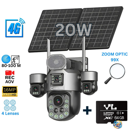 CAMERE DE SUPRAVEGHERE - Camera supraveghere CLAUSTEEL 4G cu panou solar 20W, 4 lentile, AOV, baterie 32100 mAh, zoom optic 99X, detectie radar 80-100m, IR 30m, audio bidirectional, IP66, Card 64GB Inclus