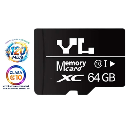 KITURI DE SUPRAVEGHERE - Card de memorie microSD 64 GB, de mare viteza 120 MB/s, compatibil AOV, camere supraveghere moderne, telefoane, tablete, DVR si dispozitive ultima generatie, PC-uri, Clasa 10